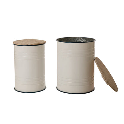 White Farmhouse Metal Enamel Storage Accent Table or Stool with Round Wood Lid, Set of 2