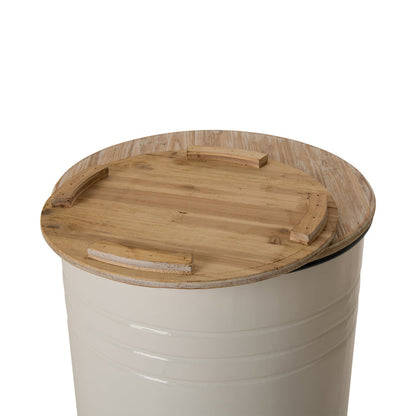 White Farmhouse Metal Enamel Storage Accent Table or Stool with Round Wood Lid, Set of 2