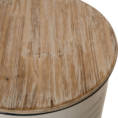 White Farmhouse Metal Enamel Storage Accent Table or Stool with Round Wood Lid, Set of 2