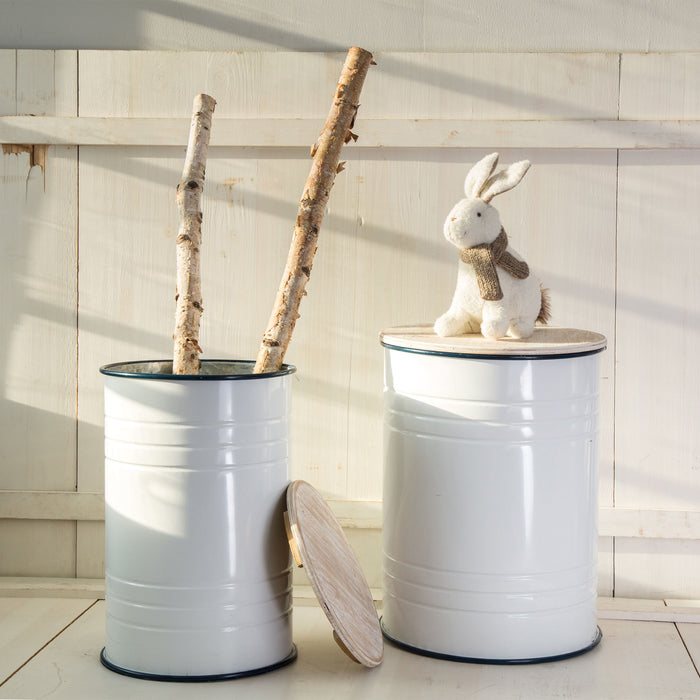 White Farmhouse Metal Enamel Storage Accent Table or Stool with Round Wood Lid, Set of 2