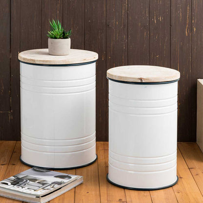 White Farmhouse Metal Enamel Storage Accent Table or Stool with Round Wood Lid, Set of 2