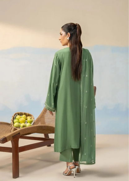 Green long tunic and pants suit with decorative back yoke and sheer dupatta