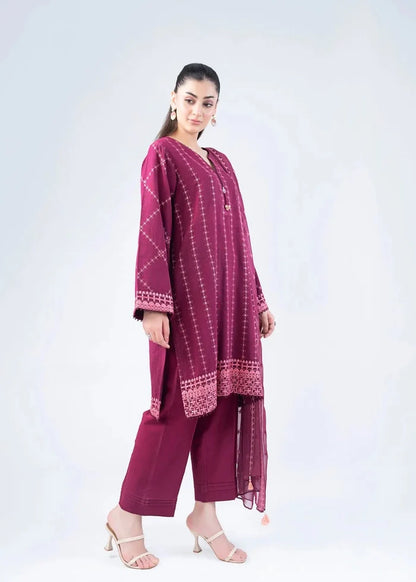 Maroon embroidered kurta with sheer dupatta drape and matching straight pants