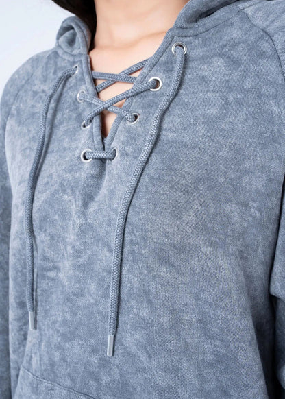 Charcoal terry pullover hoodie with lace-up neckline and metal eyelets
