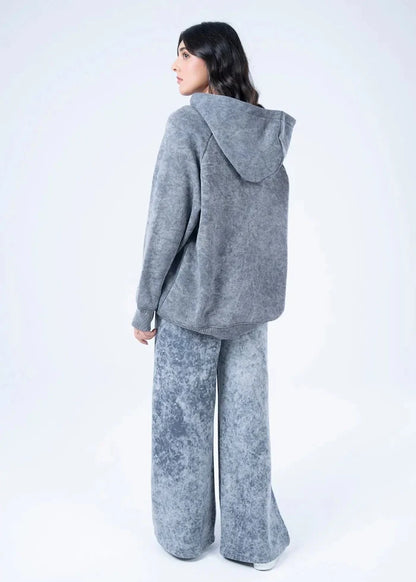Women's charcoal terry pullover hoodie and wide-leg pants set, back view with hood