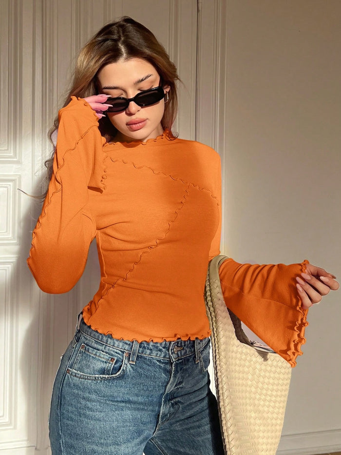 WOMEN'S WAVY STITCHING BELL SLEEVE LONG SLEEVE T-SHIRT