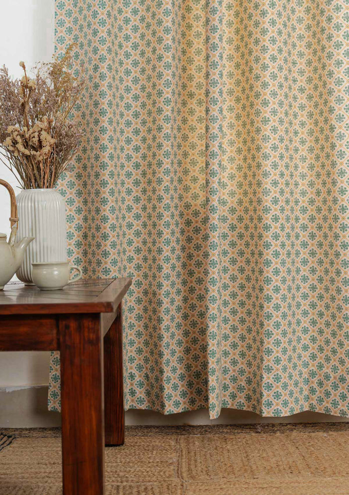 Yura 100% cotton geometric curtain for living room - Room darkening - Aqua blue - Single - Single Piece
