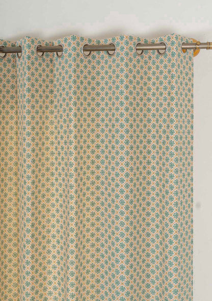 Yura 100% cotton geometric curtain for living room - Room darkening - Aqua blue - Single - Single Piece