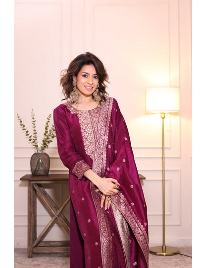 Zarmina Wine Brocade Silk Kurta Set
